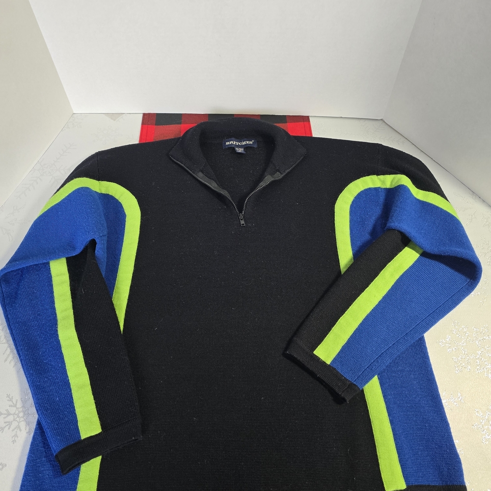 Britches Stylish Black and Blue 1/4 Zip-Up Sweater with Green Highlights
